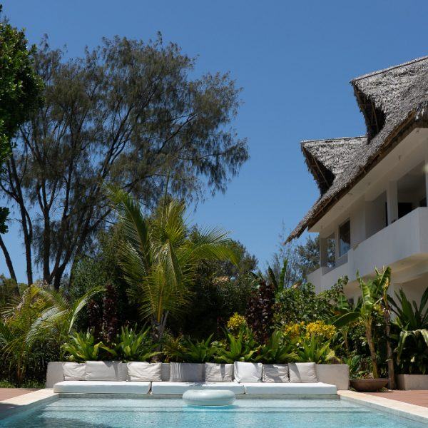 The pool below the thatched-roof house